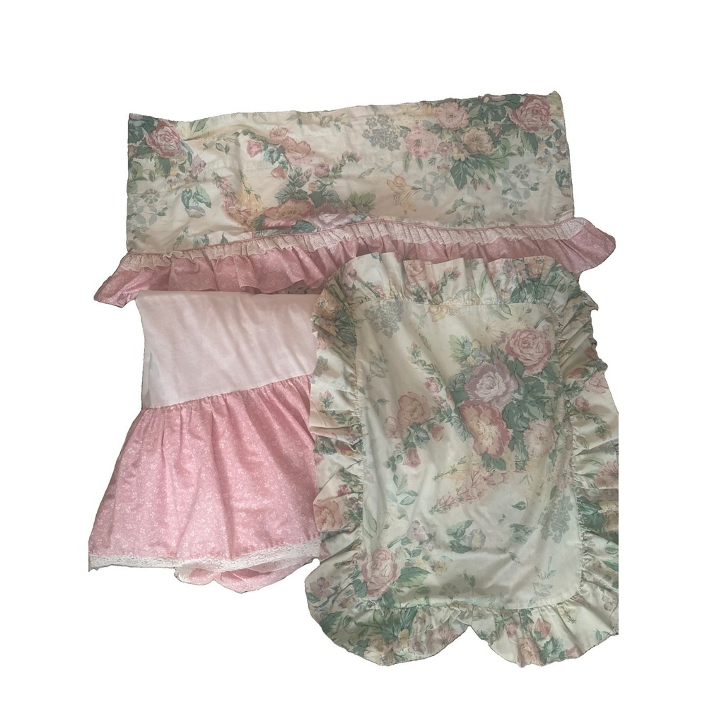 Vtg. 3 Pc Laura Ashley  Imogine Rose 82" Valance Tein Dust Ruffle Std. Sham